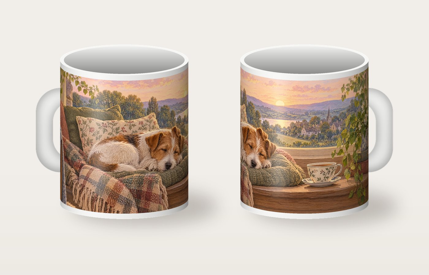 A mug seen from both sides: a sleeping terrier on a cushion in a window seat, with a cup of tea beside it