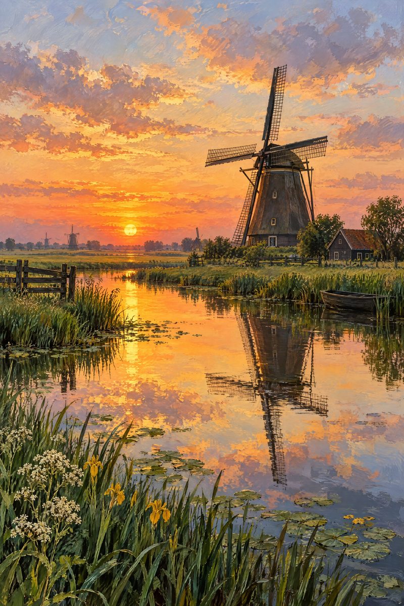 Portrait photo of a windmill by the water at sunset, an image that is mostly lost on a mug