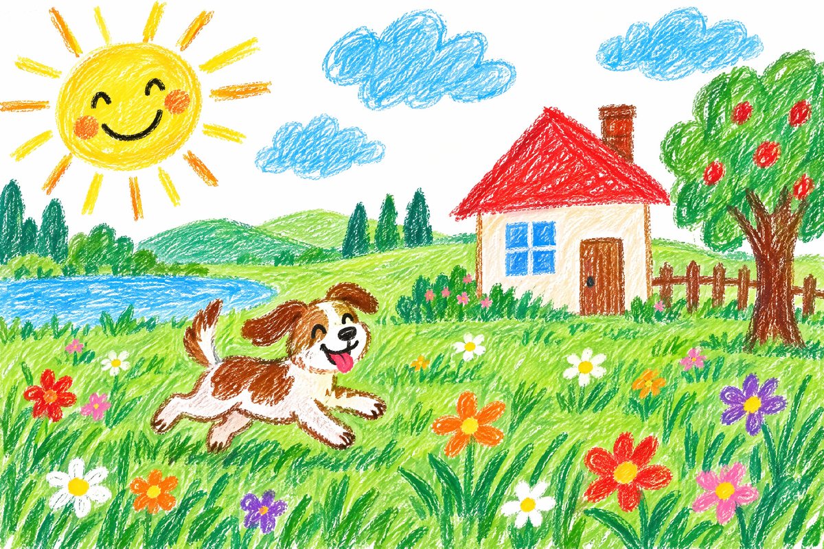 Child's crayon drawing of a dog running through the grass, with a red-roofed house and a smiling sun
