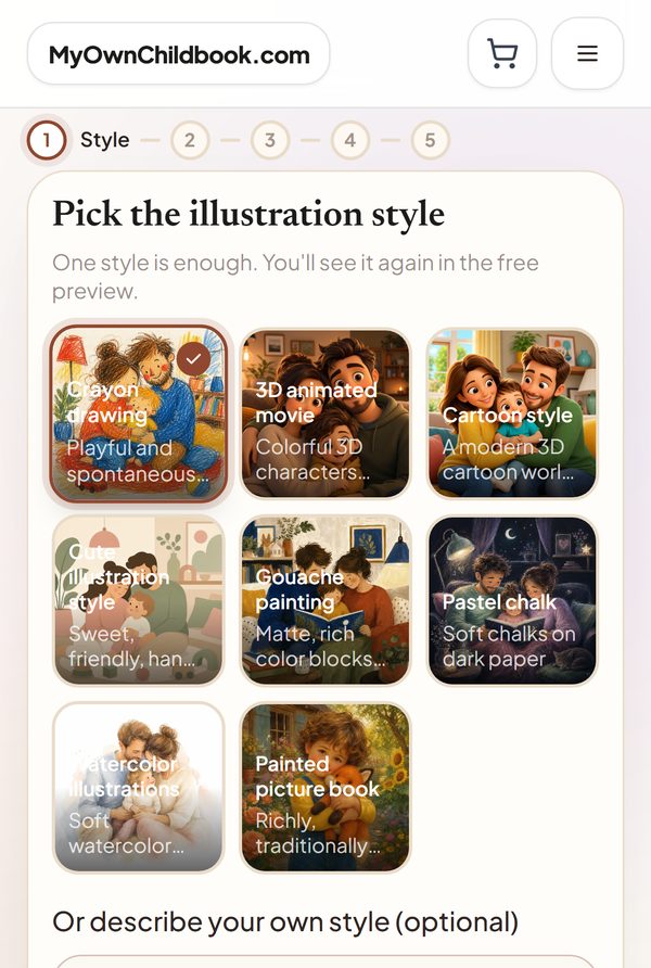 Step 1 on a phone: a choice of eight illustration styles, with crayon drawing selected