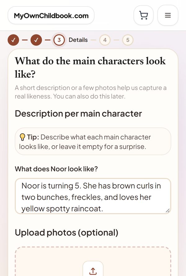 Step 3: a short description of Noor, with the option to upload photos below