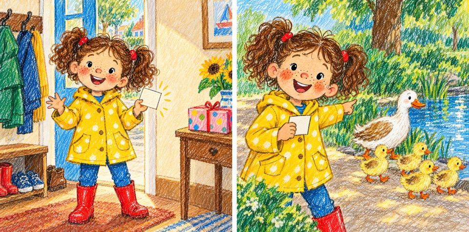 Two pages from the book: Noor hands the baker his bunting and moves a branch aside for the ducklings