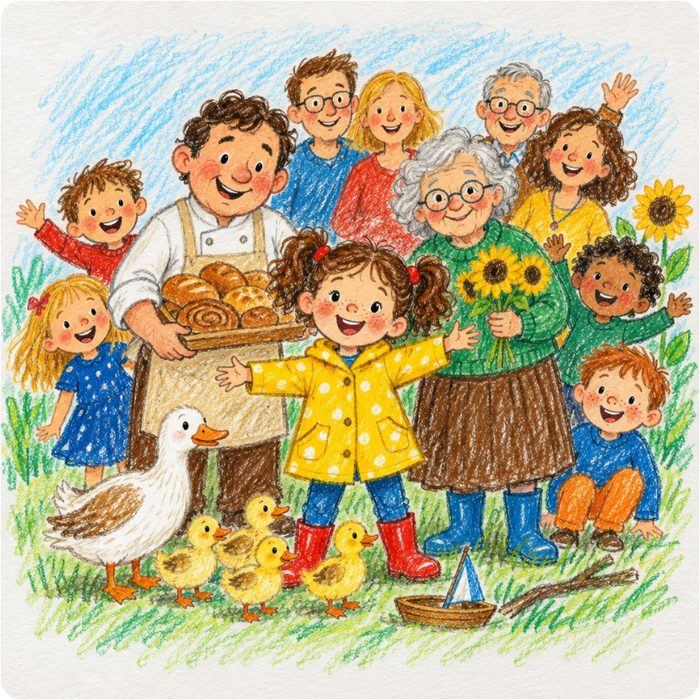 The mood image in crayon style: Noor in her yellow raincoat with the baker, grandma and the ducks