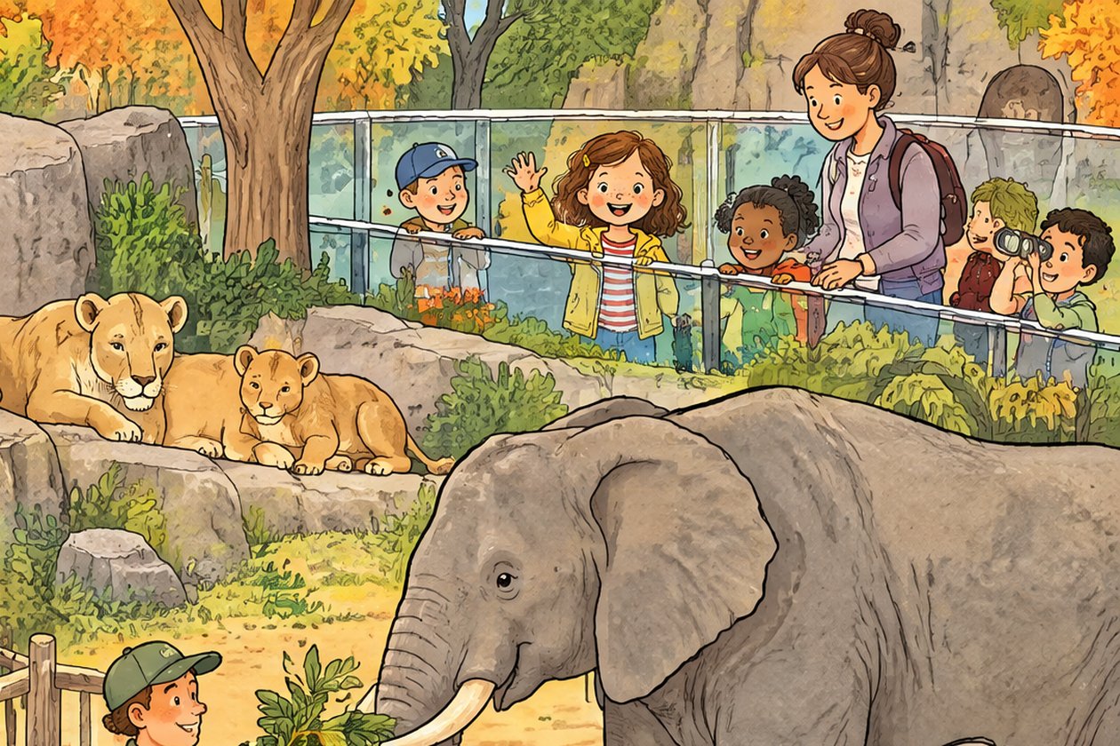 Detail of a seek-and-find scene: a girl in a yellow jacket waves from behind a glass fence at the zoo