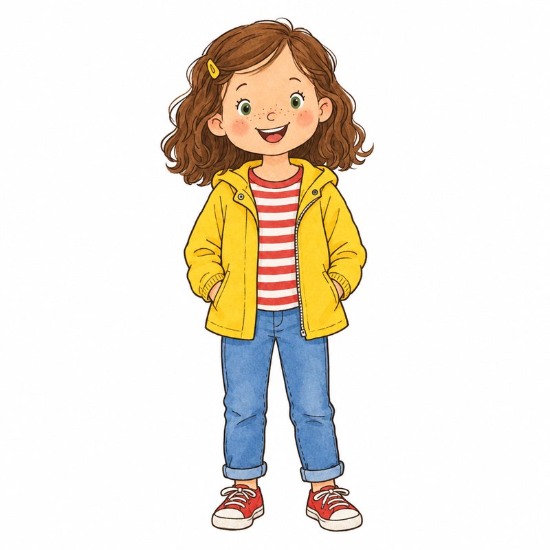 The same child drawn as a picture-book character, in the outfit she wears on every page