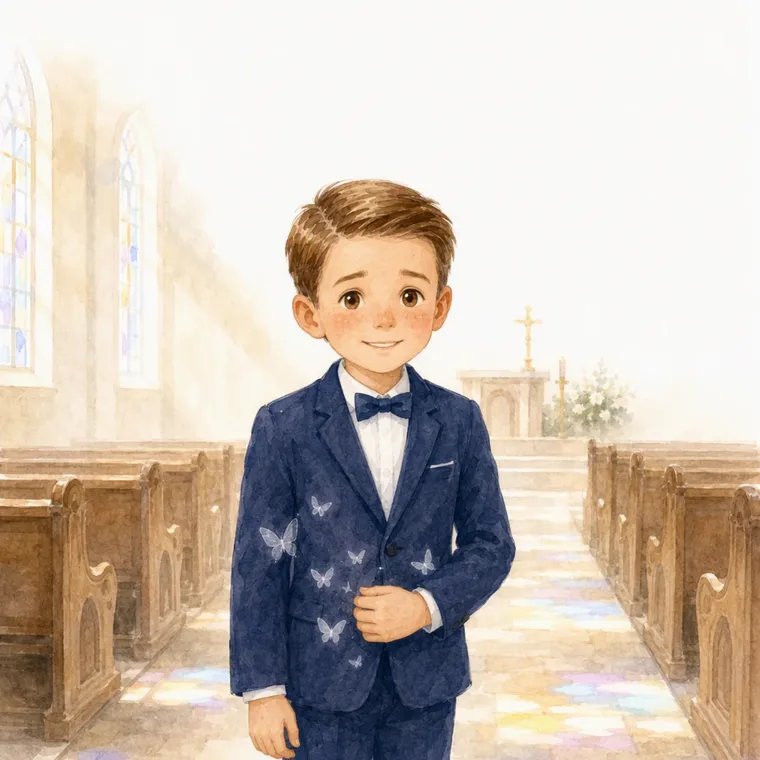 Daan in his navy suit in the church aisle, with butterflies on his jacket
