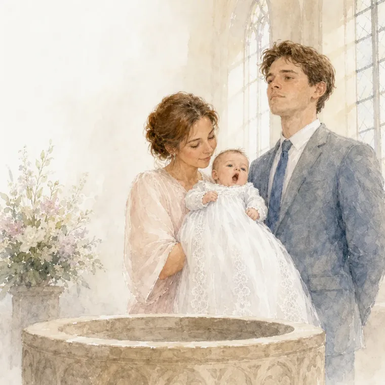 Mum holds Lotte in her white christening gown at the font, with Dad beside her