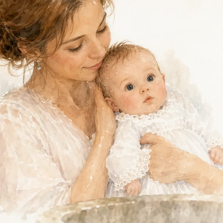 Mum holds Lotte close, her hair still wet after the christening