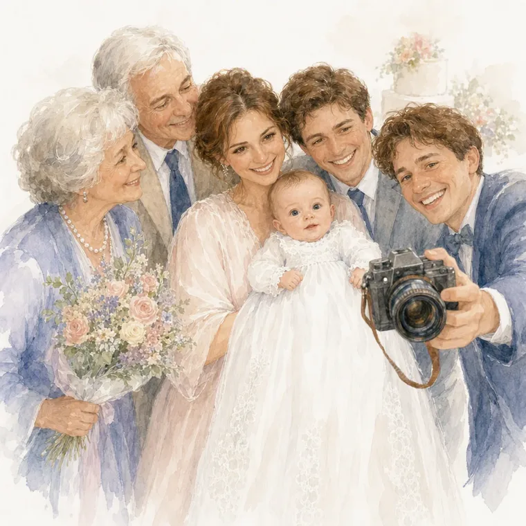 The whole family around Lotte while her uncle takes the photo