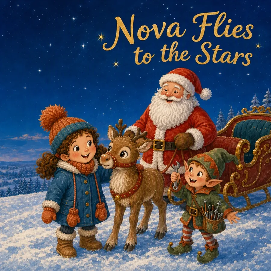 Cover of the Christmas book with Fenna, Nova the reindeer, Father Christmas and Pip the elf in the snow