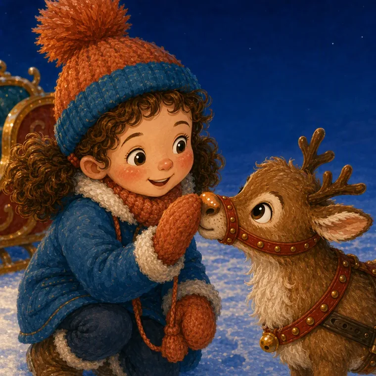 Fenna stands nose to nose with Nova the reindeer in the snow