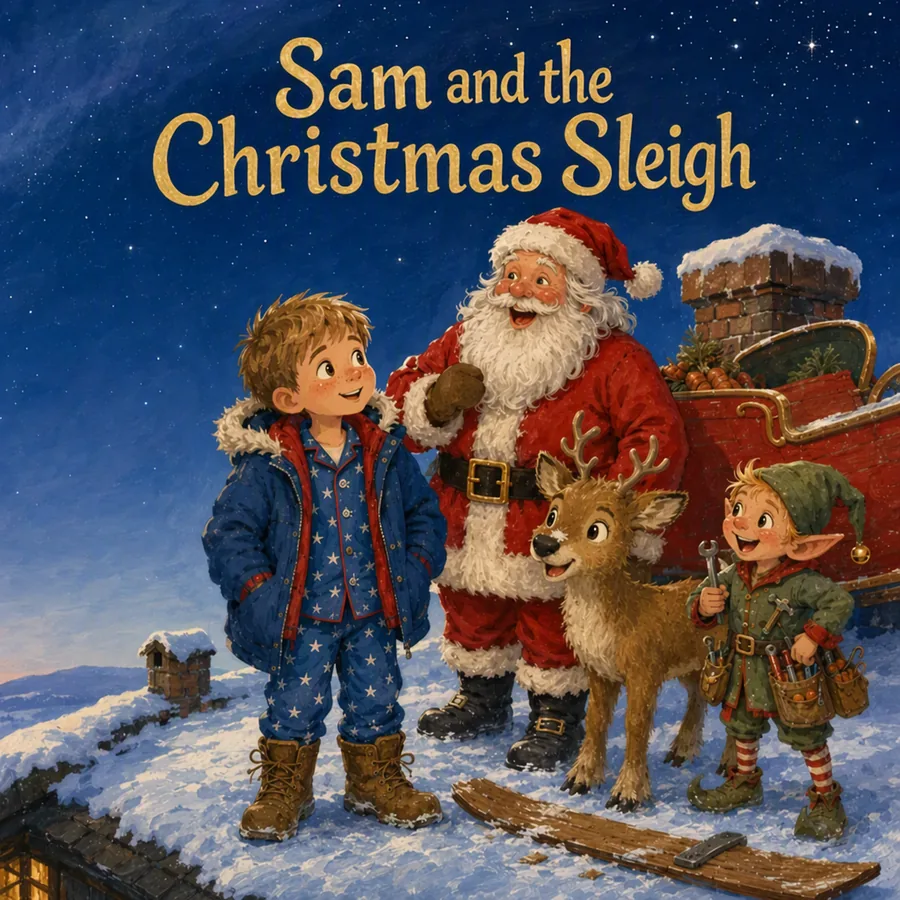 Cover of the Christmas book with Sam, Father Christmas, Nova the reindeer and Pip the elf on a snowy roof