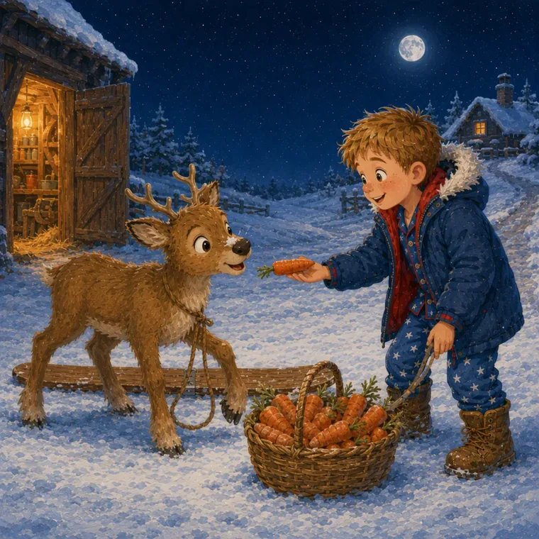 Sam gives Nova the reindeer a carrot outside the lit shed