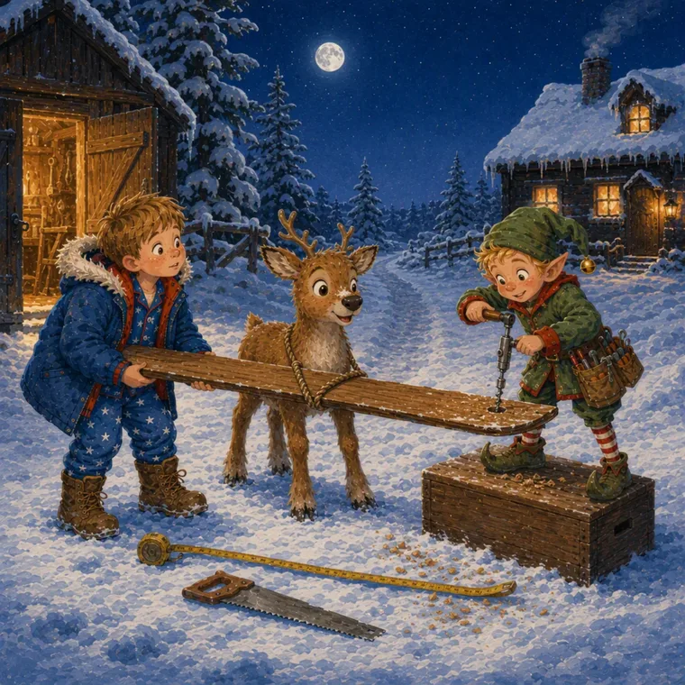 Sam, Nova and Pip the elf carry a wooden ski through the snow together