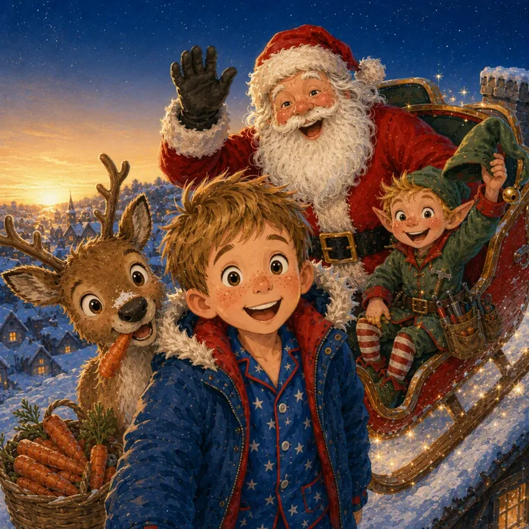 Sam, Father Christmas, Nova and Pip in the sleigh at sunrise