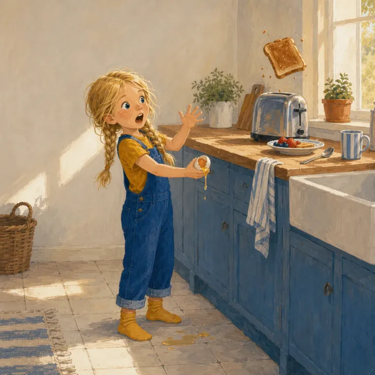 Noor jumps as the toast flies out of the toaster across the kitchen