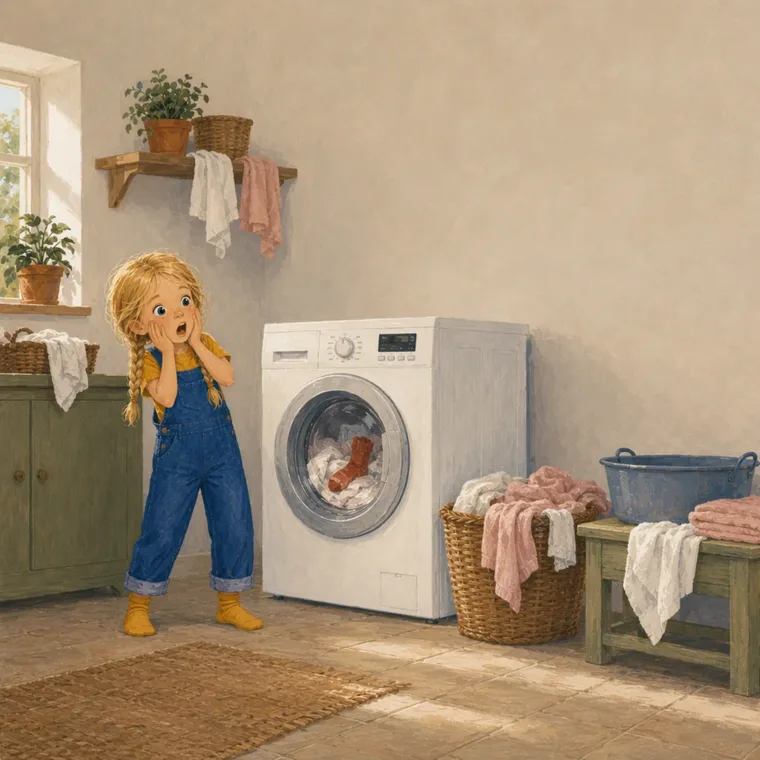 Noor claps her hands to her mouth at the washing machine full of pink laundry
