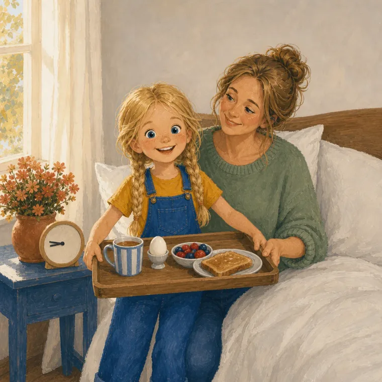 Noor brings her mum a tray of toast, fruit and an egg in bed