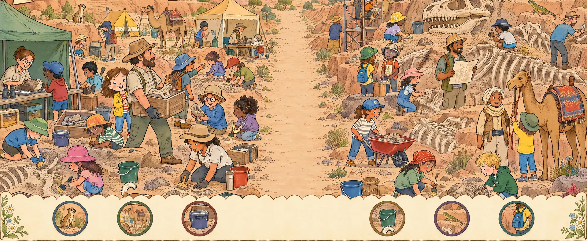 A busy seek-and-find spread with Mila hidden in the crowd
