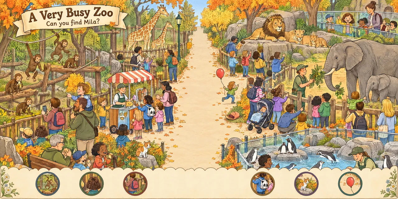 A busy seek-and-find spread with Mila hidden in the crowd