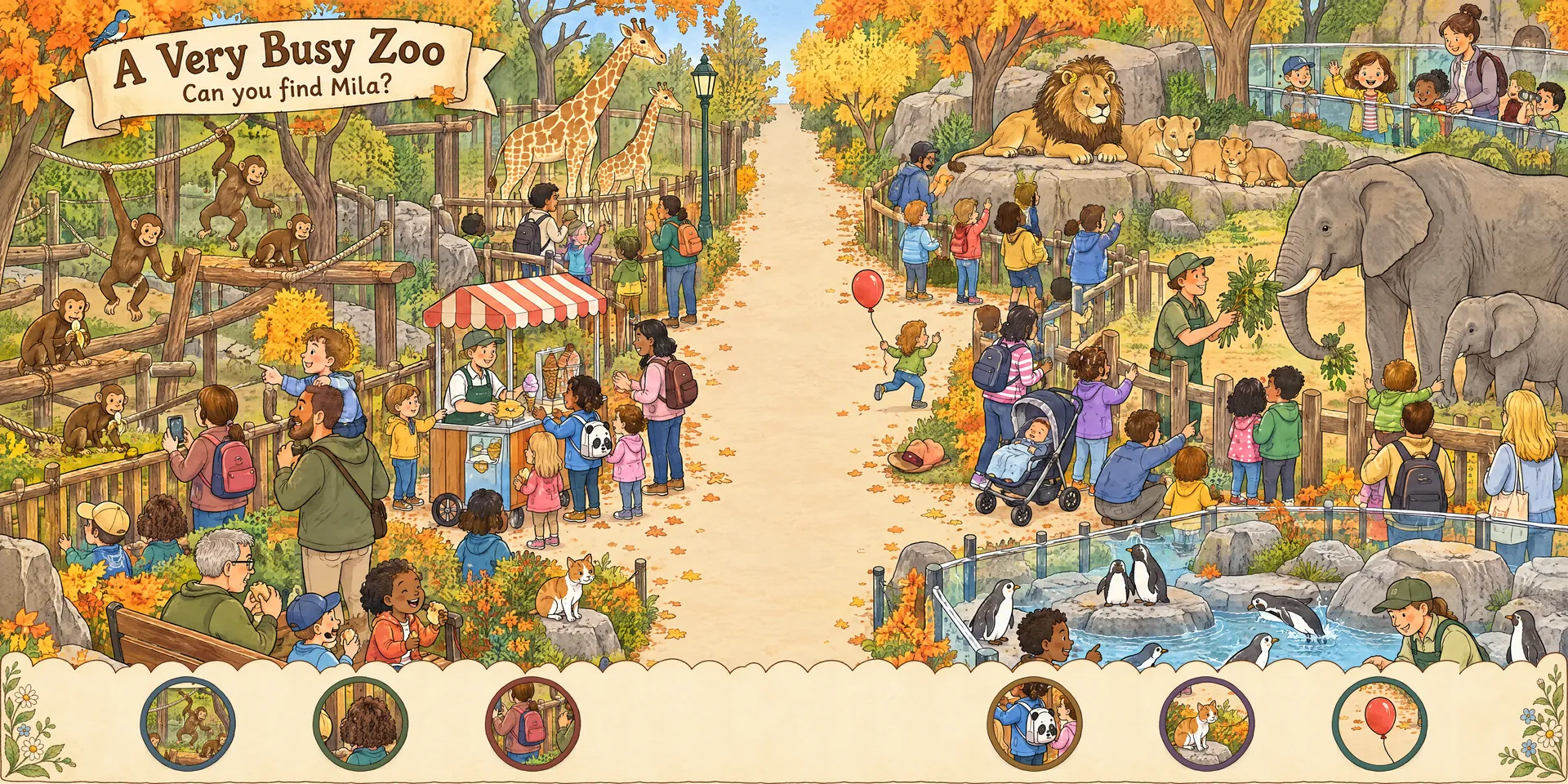 A busy seek-and-find spread with Mila hidden in the crowd