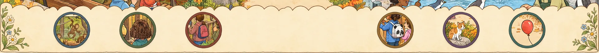 The search strip at the bottom of a spread with six round pictures of things to find